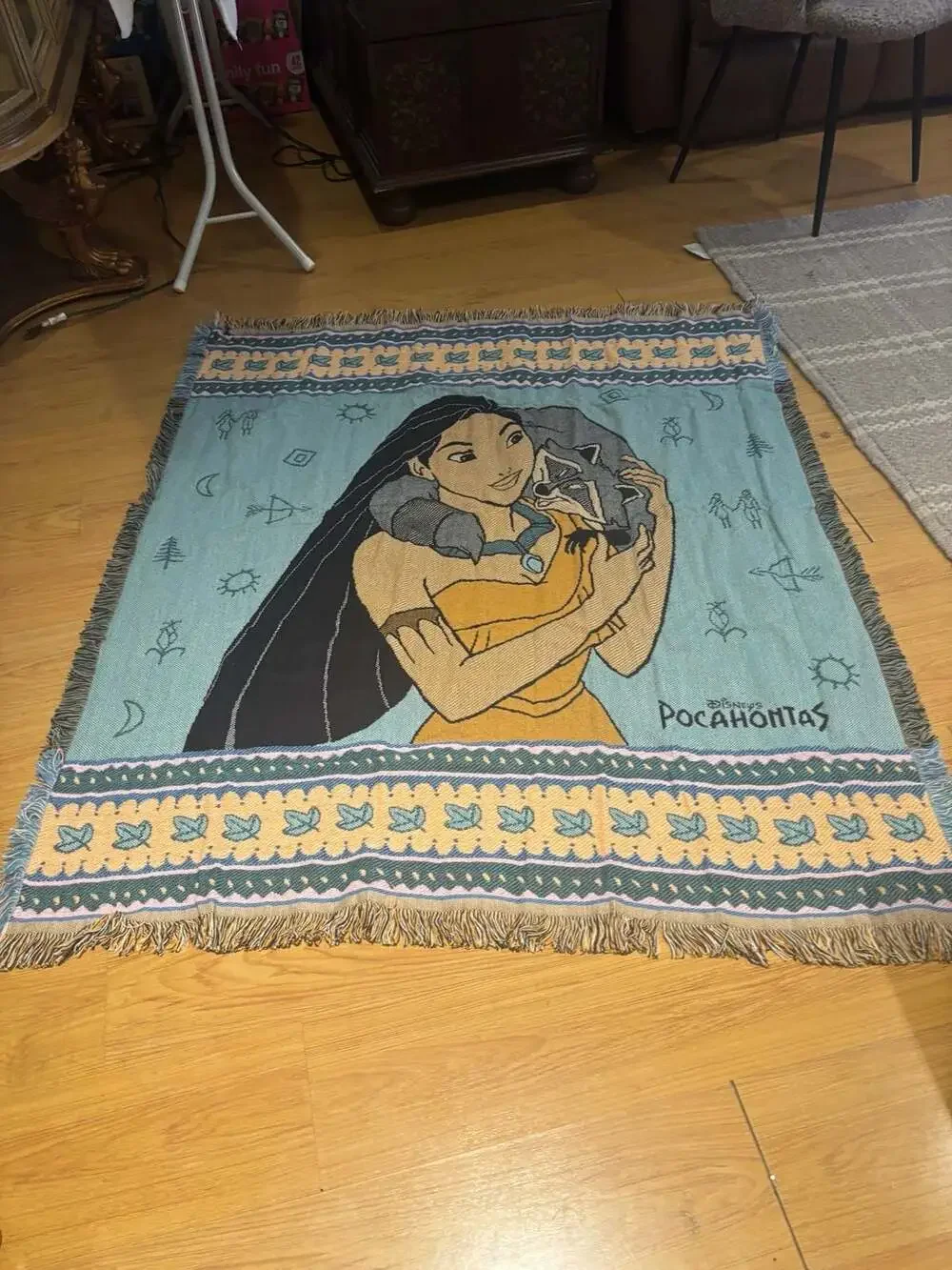 Vintage 1995 Beacon Disney Pocahontas Woven Throw Blanket with Fringe